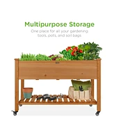 Best Choice Products Raised Garden Bed 48x24x32in Wood Mobile Elevated Planter w/ Wheel Locks, Shelf, Liner - Gray