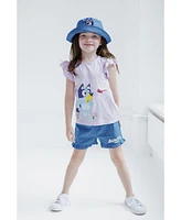 Bluey Little Girls Tank Top Chambray Shorts and Bucket Sun Hat 3 Piece Outfit Set