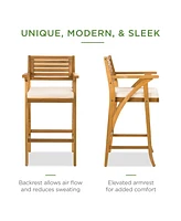 Best Choice Products Set of 2 Outdoor Acacia Wood Bar Stools Bar Chairs w/ Weather-Resistant Cushions - Teak Finish