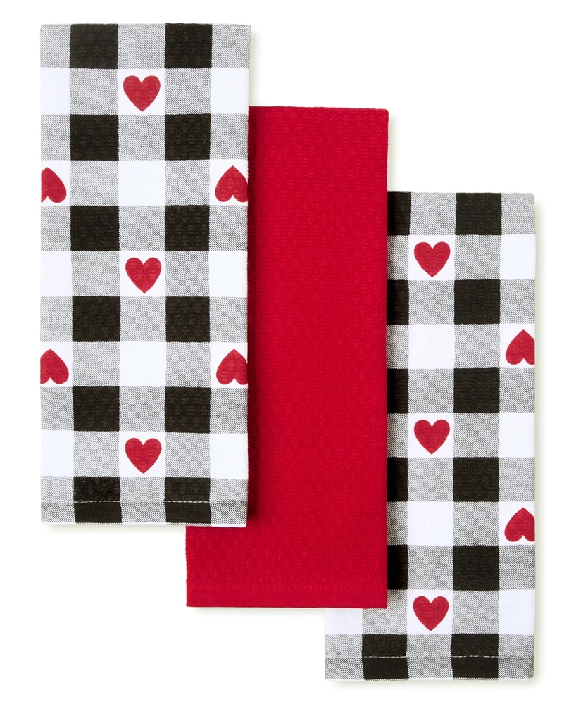 Martha Stewart Living Love Check Gingham Hearts Cotton Kitchen Towel, Set of 3