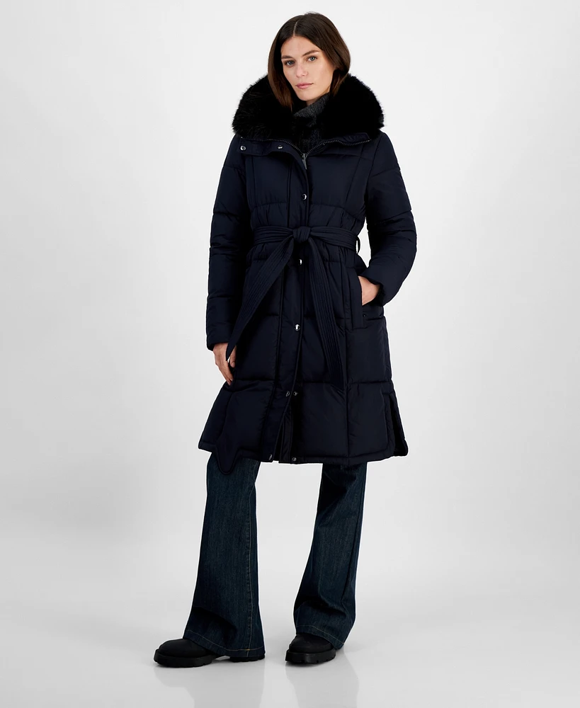 Michael Kors Women's Faux-Fur-Collar Belted Puffer Coat, Created for Macy's