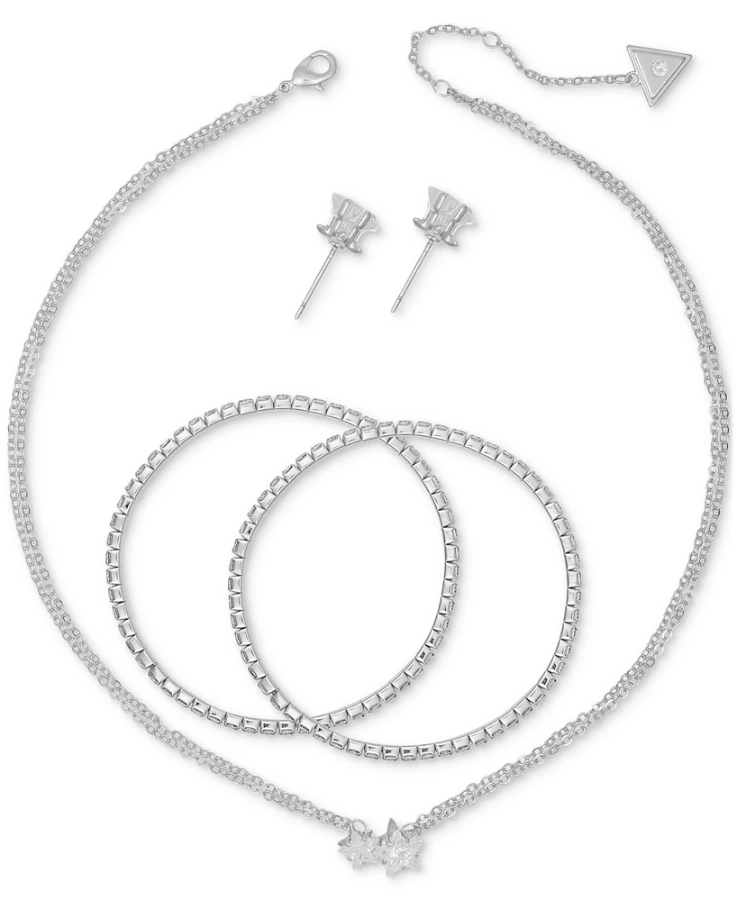 Guess Silver-Tone Crystal Star Pendant Necklace, Double Stretch Bracelet & Stud Earrings Set