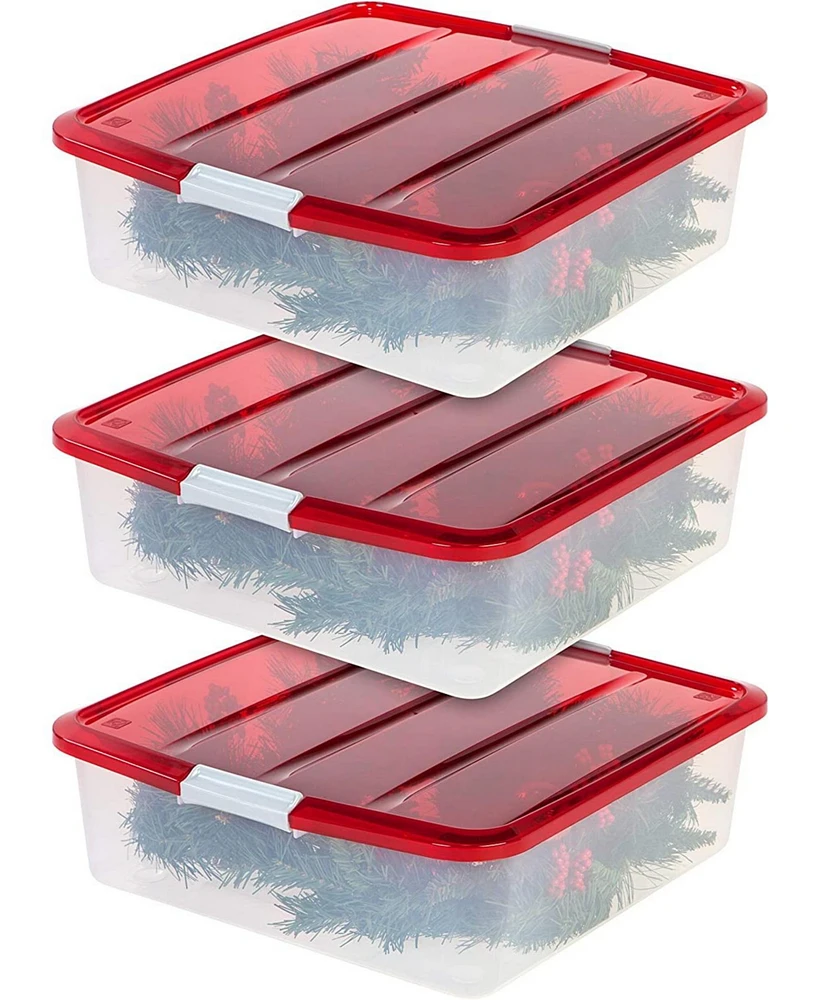 Iris 33 Qt. 3-pack Holiday Wreath Storage Container Box with Lid, Clear/Red