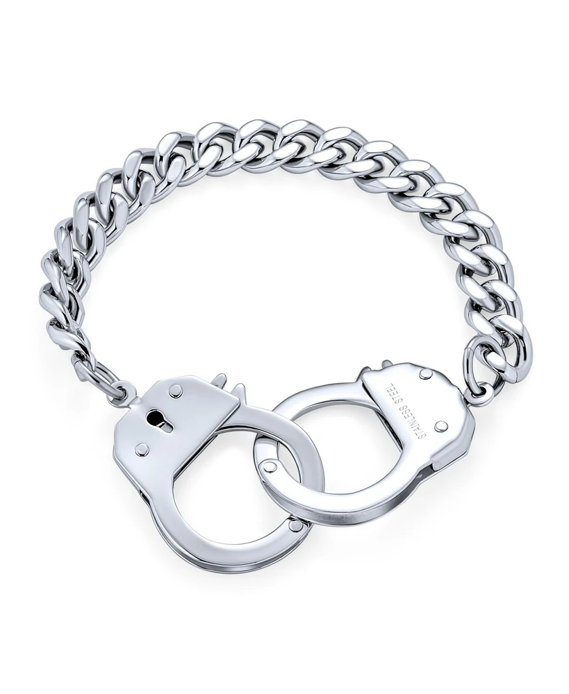 Bling Jewelry Biker Jewelry Couples Handcuff Statement Bracelet for Men Cuban Curb Chain Stainless Steel 8 Inch