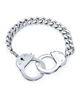 Bling Jewelry Biker Jewelry Couples Handcuff Statement Bracelet for Men Cuban Curb Chain Stainless Steel