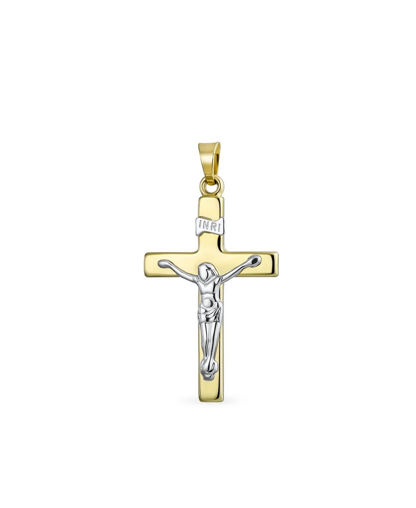 Bling Jewelry Delicate Two Tone Christian Religious Jesus Inri Crucifix Cross Necklace Pendant for Women White & 14K Yellow Gold Cross No Chain