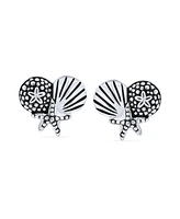 Bling Jewelry Hawaiian Seaside Beach Escape Tropical Vacation Nautical Sand Dollar Starfish Seashell Stud Earrings For Women Oxidized .925 Sterling Si