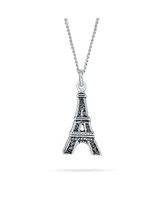 Bling Jewelry French Vacation Cz Accent Dangling Paris France Eiffel Tower Pendant Necklace For Women Oxidized .925 Sterling Silver