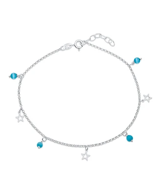 Bling Jewelry Dangle Aqua Blue Vacation Cats Eye Bead Anklet For Open Star Multi Charm Ankle Bracelet For Women .925 Sterling Silver Adjustable