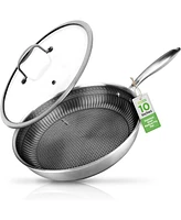 NutriChef 10'' Stir Fry Pan with Glass Lid - Triply Stainless Steel Cookware, Dakin Etching Non-Stick Coating Inside and Outside