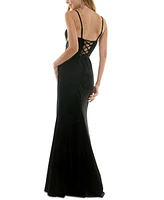 City Studios Juniors' Embellished Lace-Up Velvet Gown