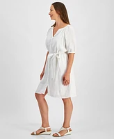 Style & Co Petite Cotton Belted Button-Front A-Line Dress, Exclusively at Macy's