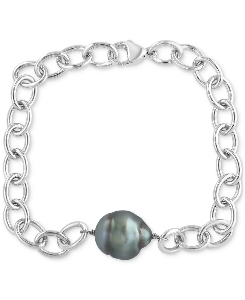 Effy Black Tahitian Baroque Pearl (12mm) Oval Link Chain Bracelet in Sterling Silver