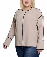 Ny Collection Plus Long Sleeve Contrast Piped Blouse