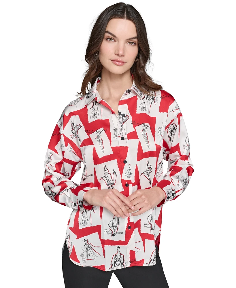 Karl Lagerfeld Paris Women's Printed Button-Front Top, Regular & Petite