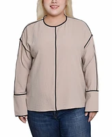 Ny Collection Plus Long Sleeve Contrast Piped Blouse