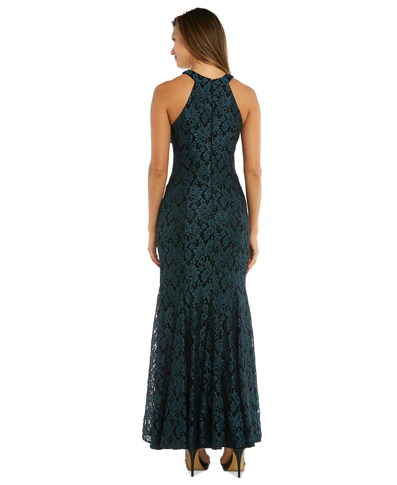 R & M Richards Women's Glitter Lace Halter Gown
