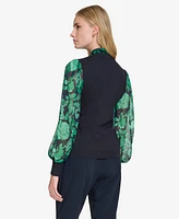 Tommy Hilfiger Women's Mixed-Media Tie-Neck Top