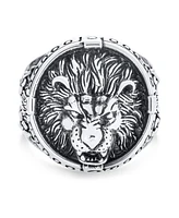 Bling Jewelry Big Statement Masculine King Of Jungle Round Viking Signet Roaring Lion Ring For Men Solid Oxidized .925 Sterling Silver