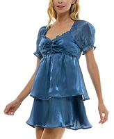 Crystal Doll Juniors' Ruffled Shimmer Puff-Sleeve Dress