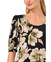 CeCe Women's Floral Crew Neck Knit Puff Sleeve Top