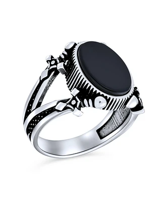 Bling Jewelry Large Statement Oval Flat Black Onyx Signet Double Sword Ring Oxidized .925 Sterling Silver