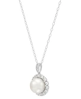 2-Pc. Set Cultured Freshwater Button Pearl (8 & 10mm) & Lab Created White Sapphire (7/8 ct. t.w.) Halo Pendant Necklace & Matching Stud Earrings in St