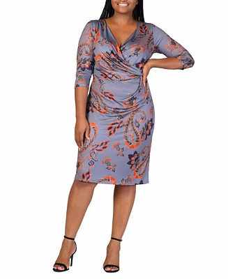 24seven Comfort Apparel Plus Faux Wrap Printed Dress