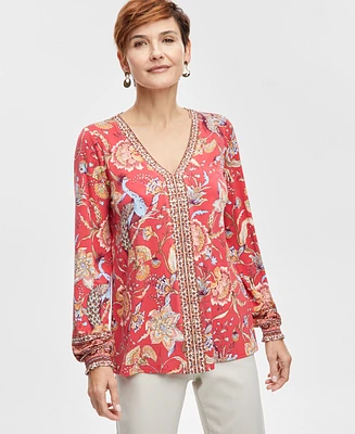 Jm Collection Women's Printed Split-Neck Long-Sleeve Top, Created for Macy's