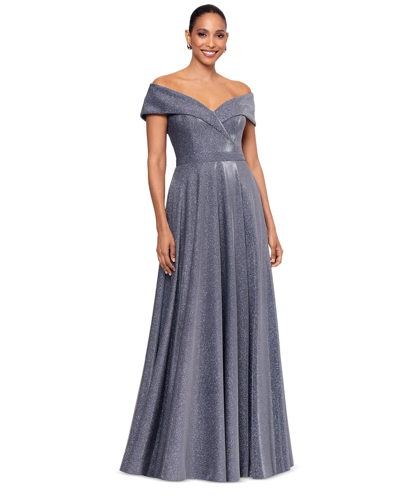 Xscape Women's Off-The-Shoulder V-Neck Glitter Gown