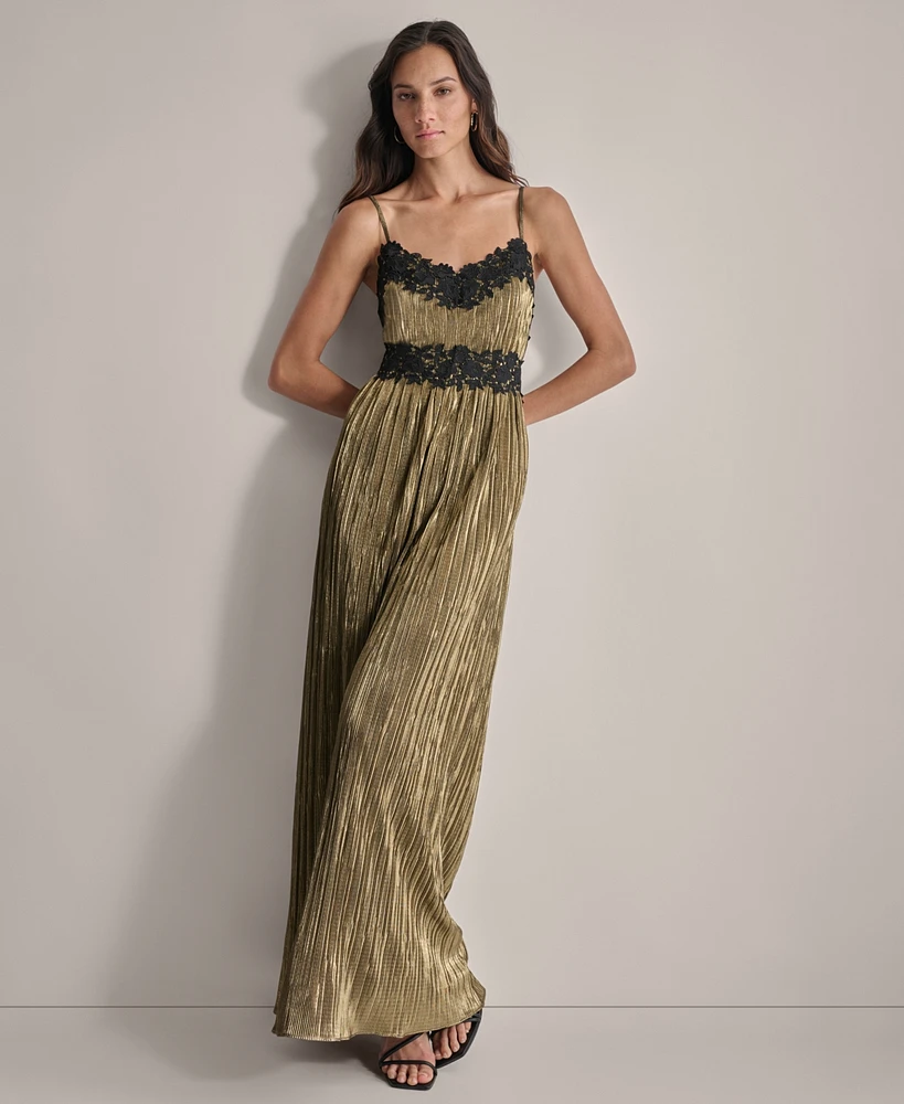 Dkny Women's Pleated Metallic Lace-Trim Sleeveless Gown