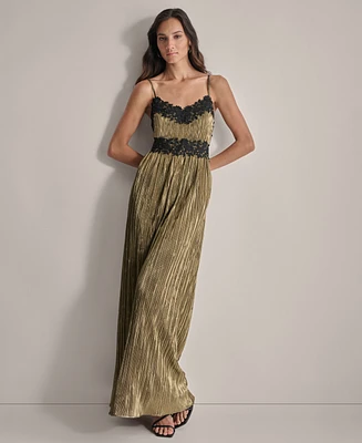 Dkny Women's Pleated Metallic Lace-Trim Sleeveless Gown