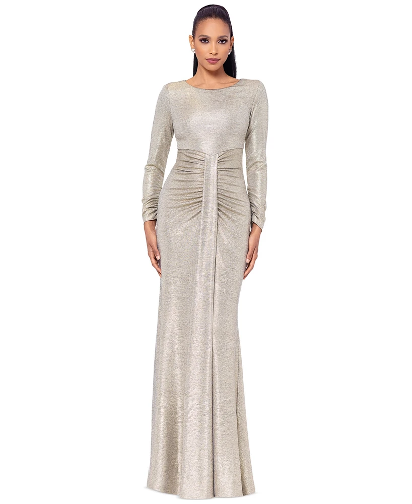 Betsy & Adam Women's Metallic Draped Long-Sleeve Gown