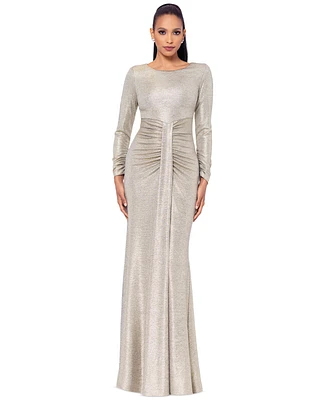 Betsy & Adam Women's Metallic Draped Long-Sleeve Gown