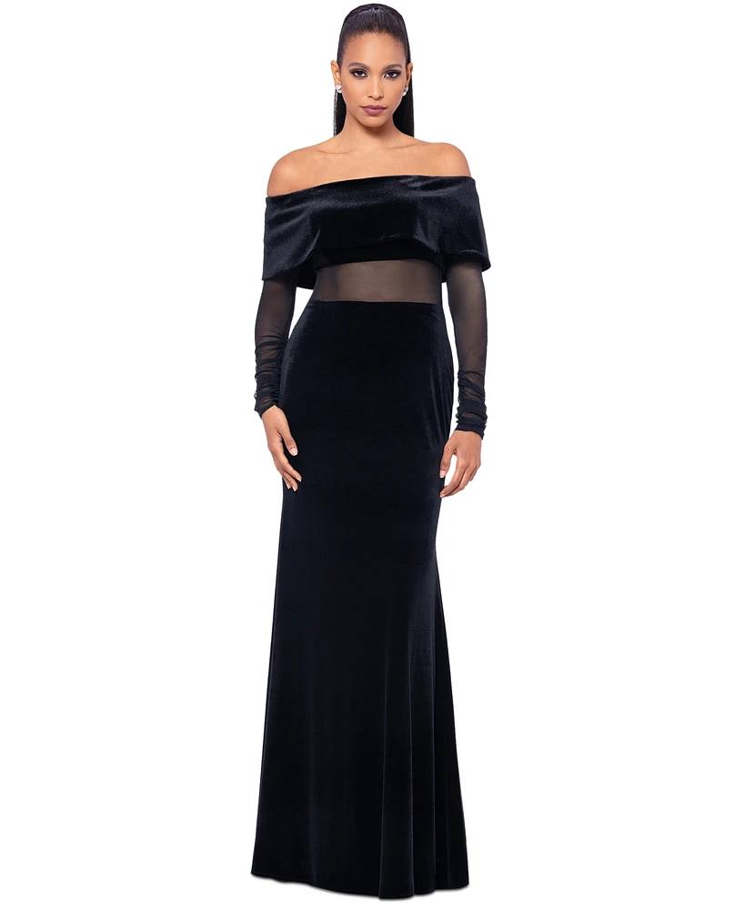 Betsy & Adam Women's Velvet and Mesh Off-The-Shoulder Gown