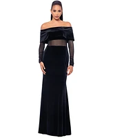 Betsy & Adam Women's Velvet and Mesh Off-The-Shoulder Gown