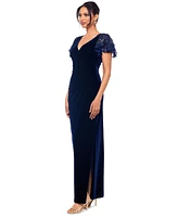 Betsy & Adam Women's Surplice-Neck Flutter-Sleeve Velvet Gown