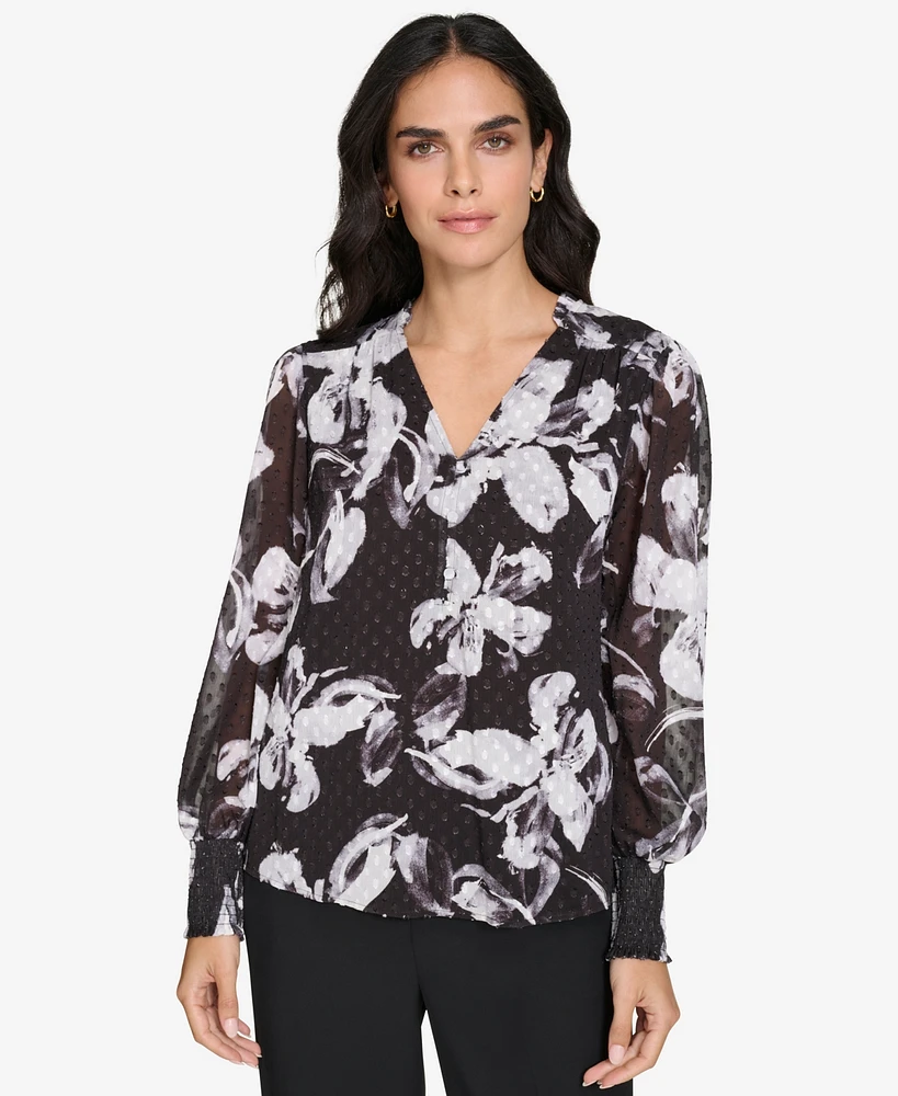 Calvin Klein Women's Printed V-Neck Long-Sleeve Top