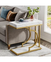 Tribesigns Narrow Side Table White Gold Side Table C Shaped End Table Modern Bedside Table Small Side Table for Couch, Sofa Table with Metal Frame for