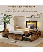 Gymax Twin Size Bed Frame w/ Drawers Led Lights Outlets & Usb Ports Smart App Control