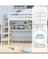 Gymax Twin Size Loft Bed w/ Desk & Storage Stairs Solid Wood Loft Bed Frame w/Shelves