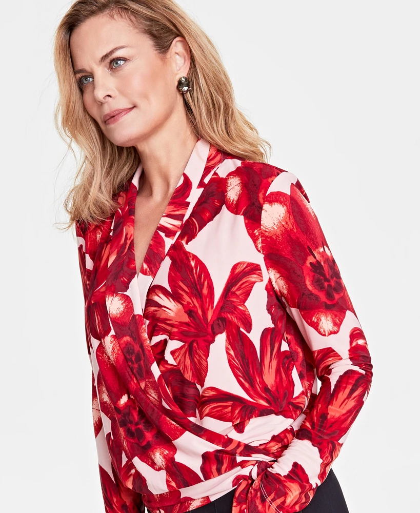 I.n.c. International Concepts Women's Printed Tie-Waist Surplice Blouse, Created for Macy's