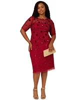 Adrianna Papell Plus Floral Sequin Elbow-Sleeve Sheath Dress