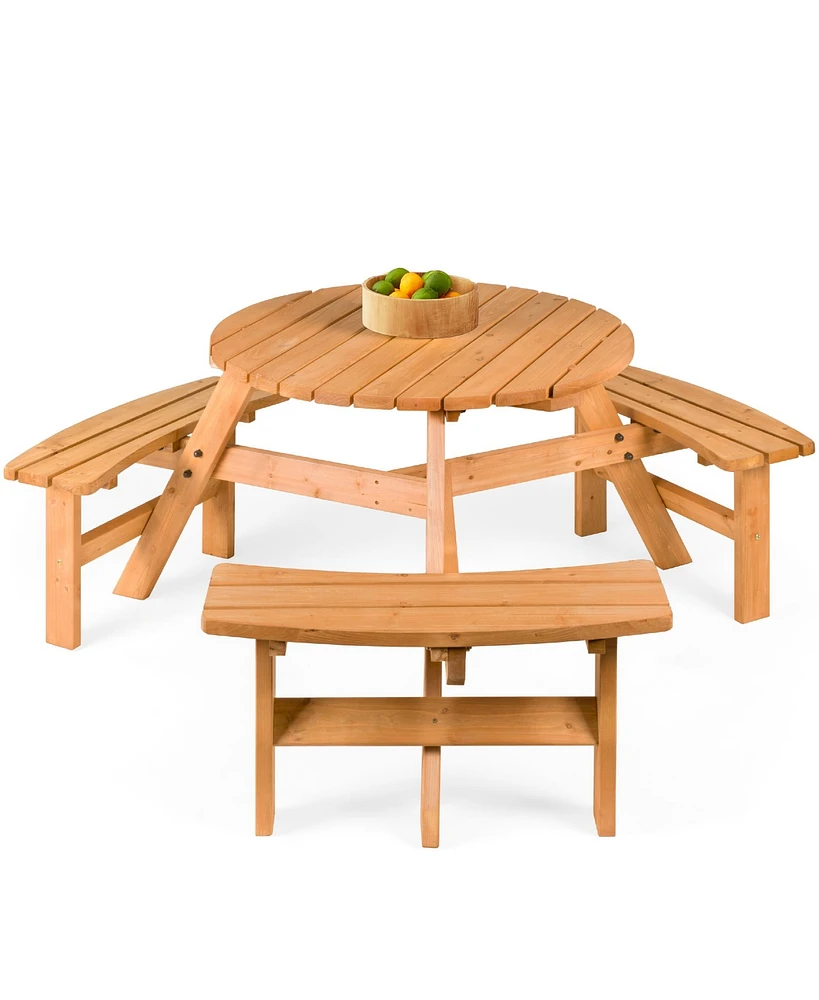 Best Choice Products 6-Person Circular Outdoor Wooden Picnic Table w/ 3 Built-In Benches, Umbrella Hole