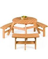 Best Choice Products 6-Person Circular Outdoor Wooden Picnic Table w/ 3 Built-In Benches, Umbrella Hole