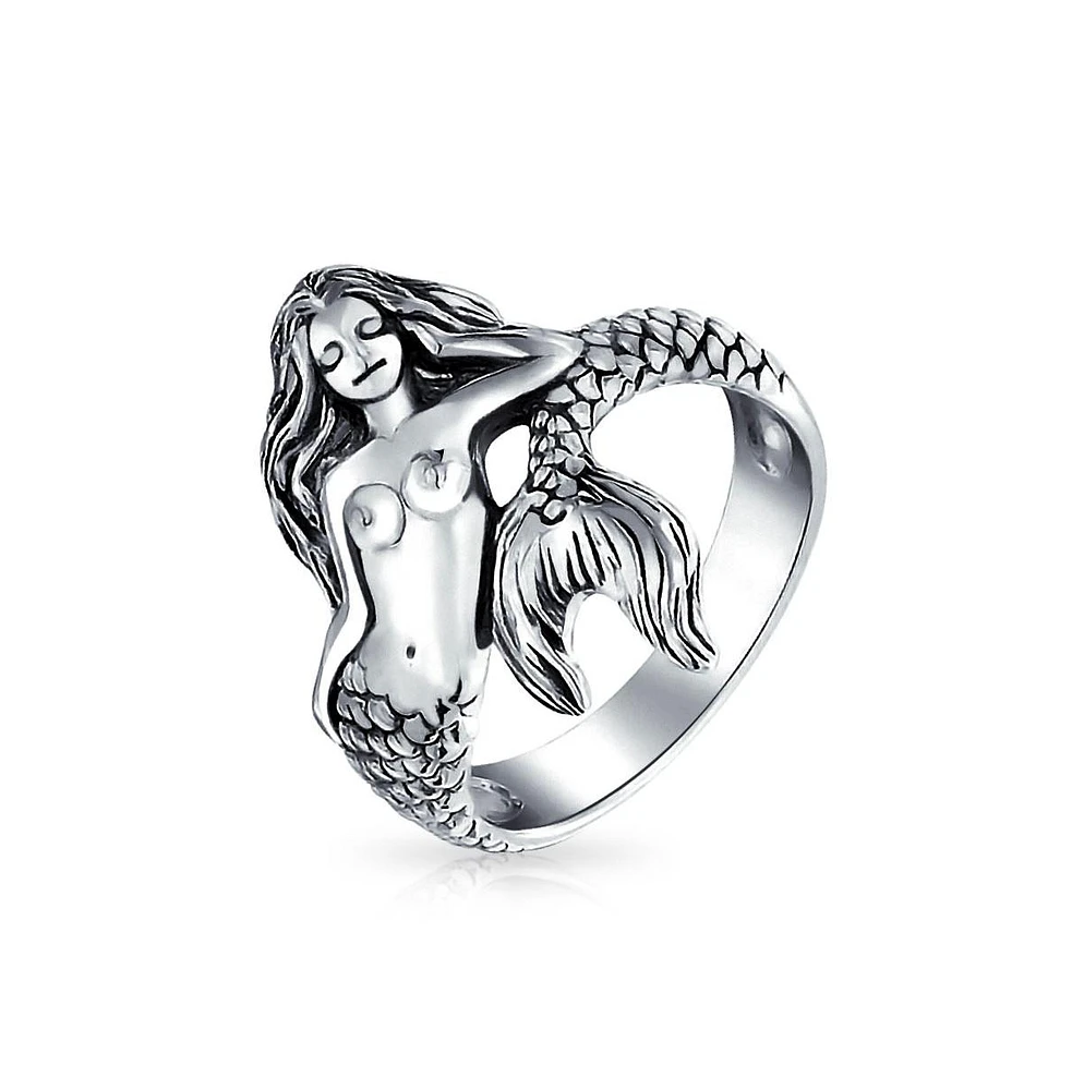 Bling Jewelry Nautical Marine Life Tropical Beach Siren Mermaid Ring For Women Oxidized .925 Sterling Silver 2MM Band