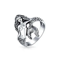 Bling Jewelry Nautical Marine Life Tropical Beach Siren Mermaid Ring For Women Oxidized .925 Sterling Silver 2MM Band