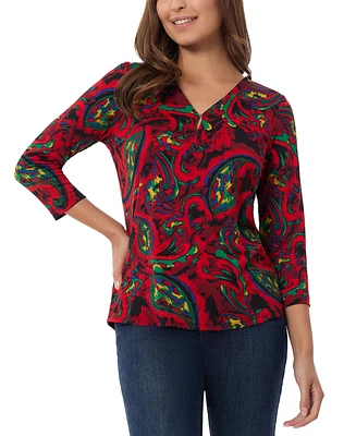 Jones New York Petite Printed Keyhole 3/4-Sleeve Top