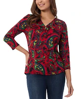 Jones New York Petite Printed Keyhole 3/4-Sleeve Top