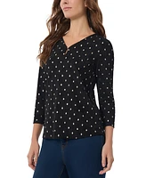 Jones New York Petite Printed Textured Keyhole 3/4-Sleeve Top